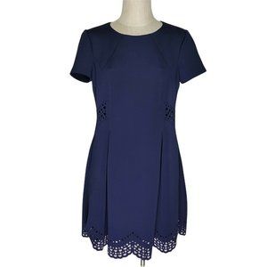 Vince Camuto Fit N Flare Dress Laser Cut Sides Hem Navy Lined Hidden Zip